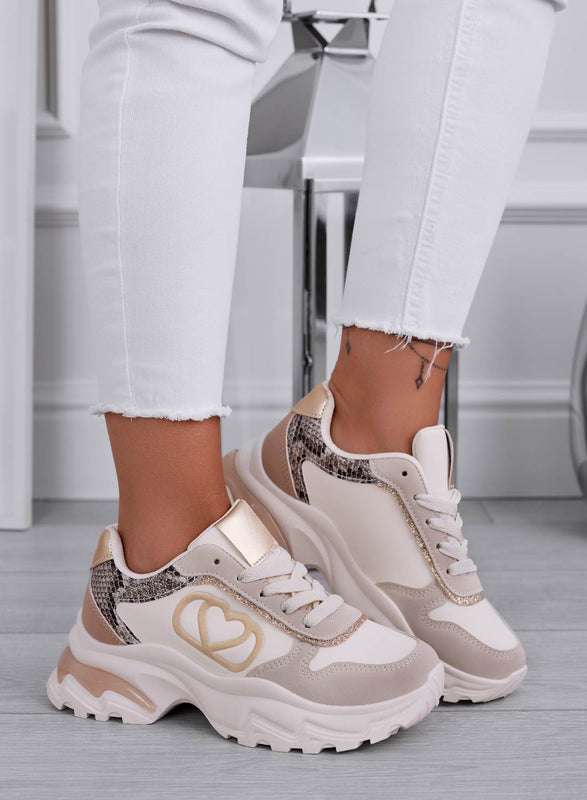 BORA - Sneakers beige con cuore e inserti oro