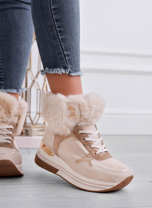 BORIS - Beige sneakers with wedge heel and faux fur trim