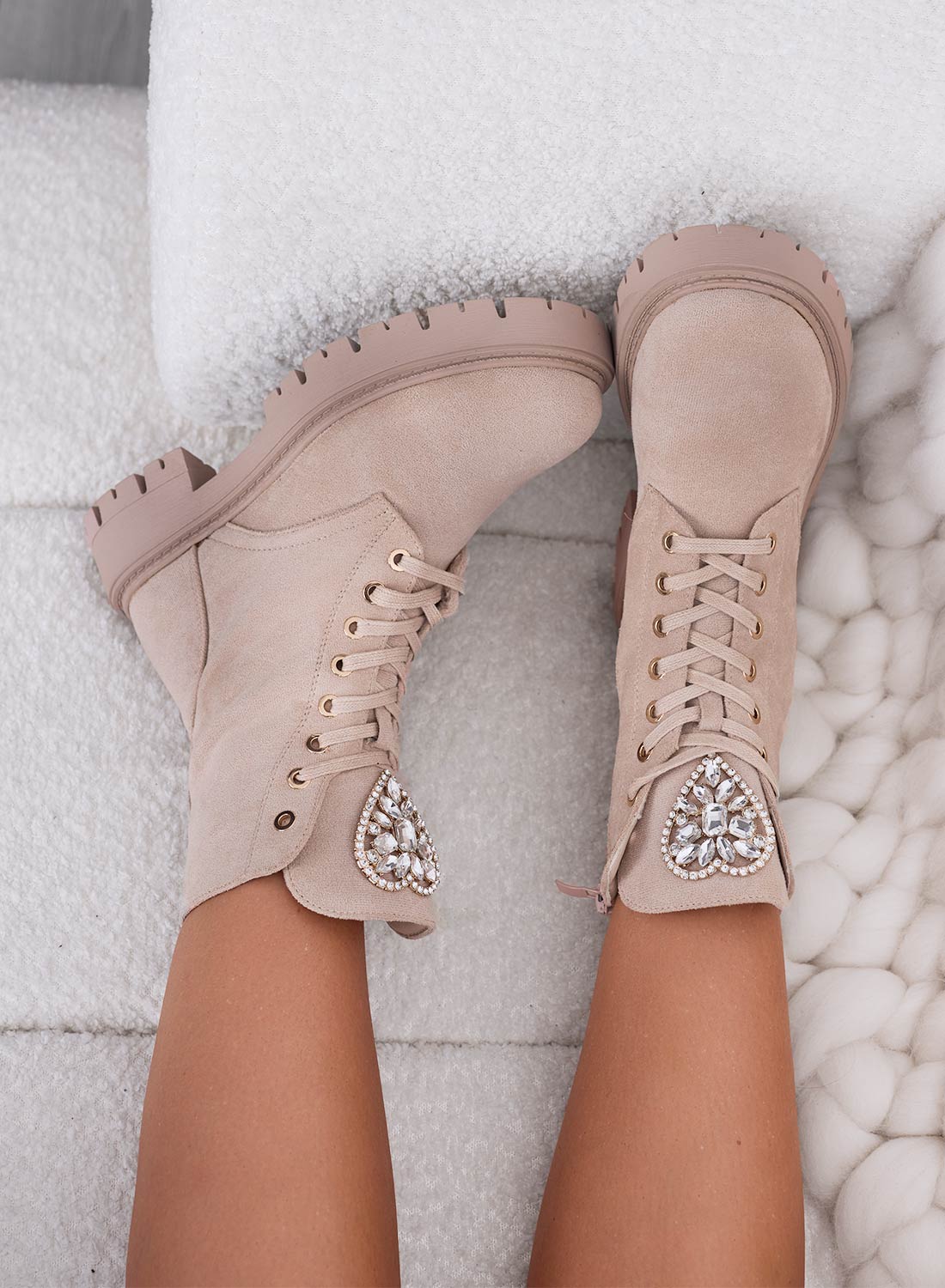 BRIGITTE - Beige ankle boots with jeweled heart