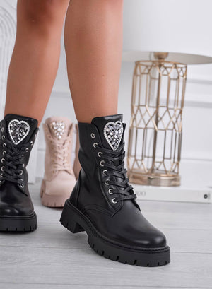 BRIGITTE - Black combat ankle boots with jeweled heart