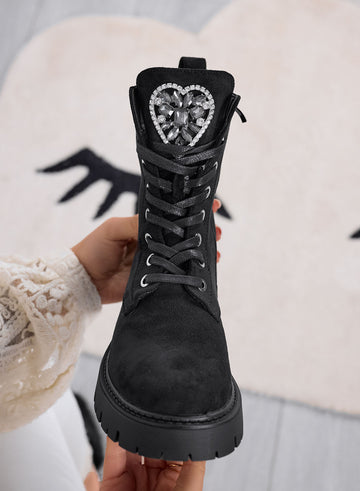 BRIGITTE - Black combat ankle boots with jeweled heart
