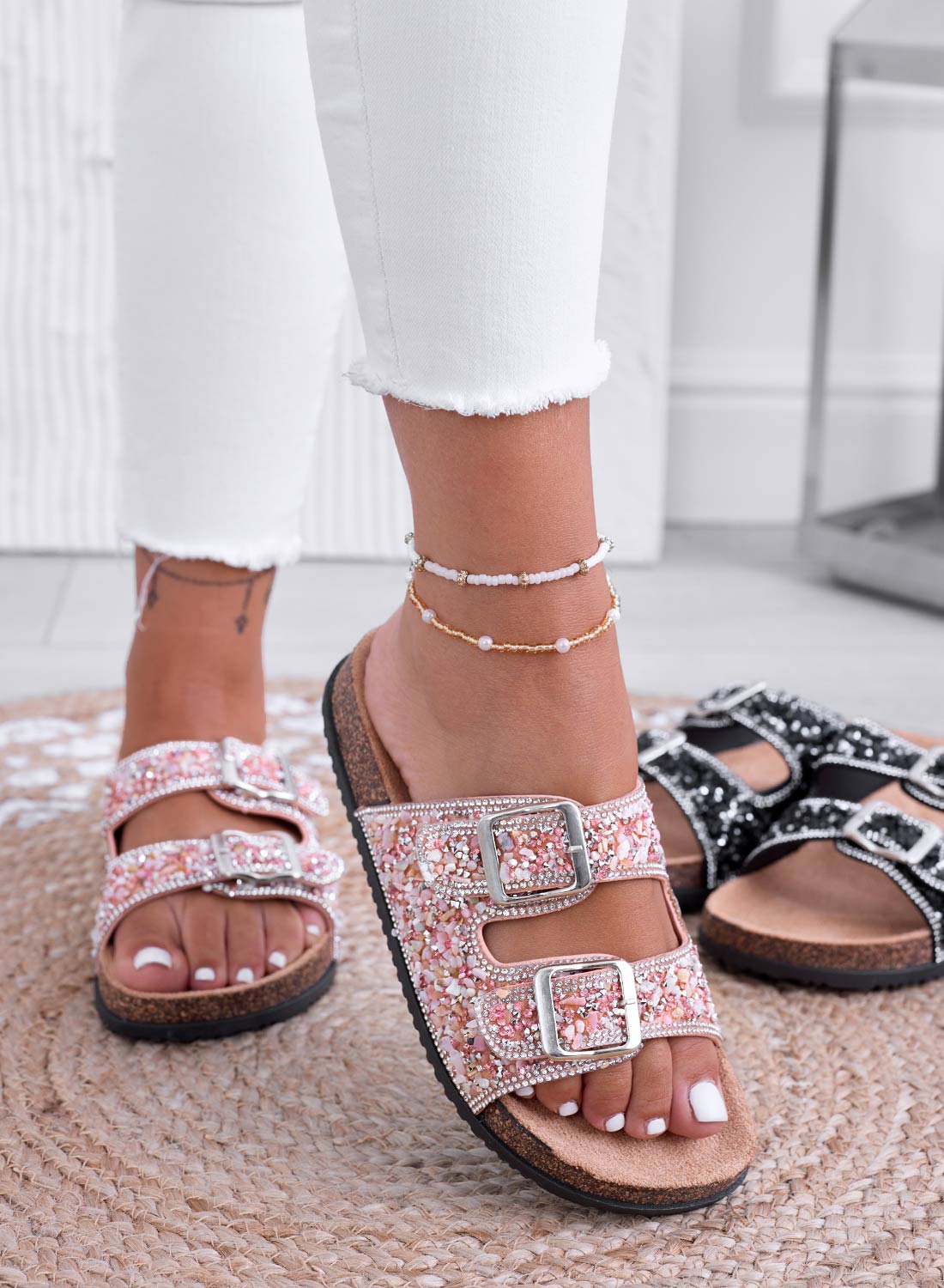 BROOKE - Sandali ciabatte rosa gioiello con fibbie e strass