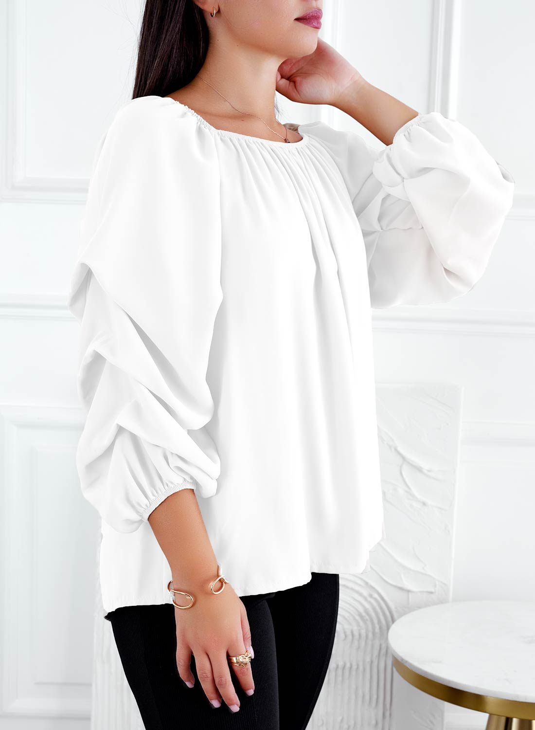 White blouse with ruched sleeves
