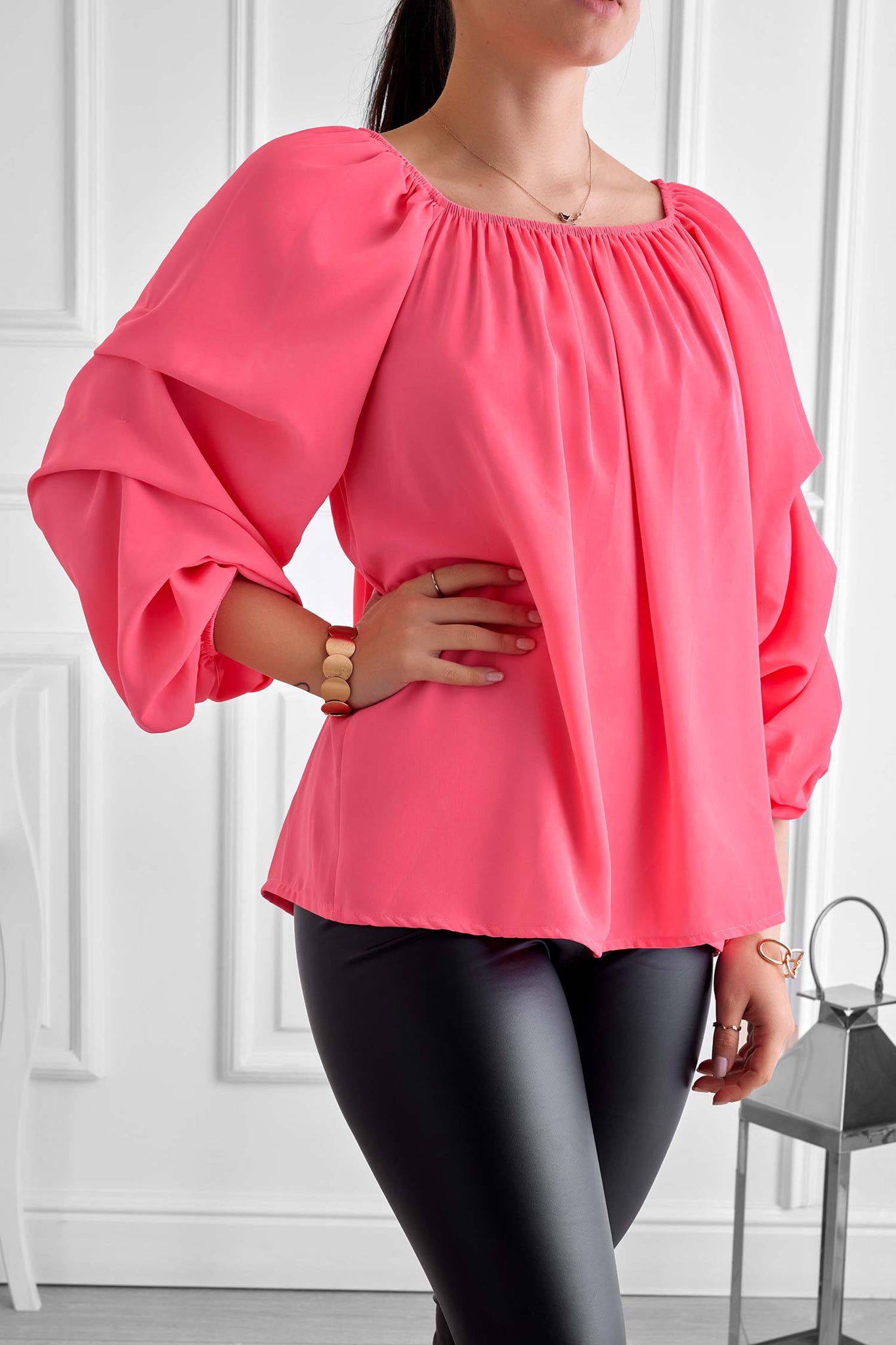 Fuchsia fluo blouse with ruched sleeves