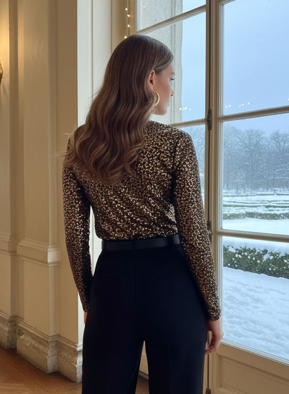 Gold Sequin Bodysuit with V-Neckline