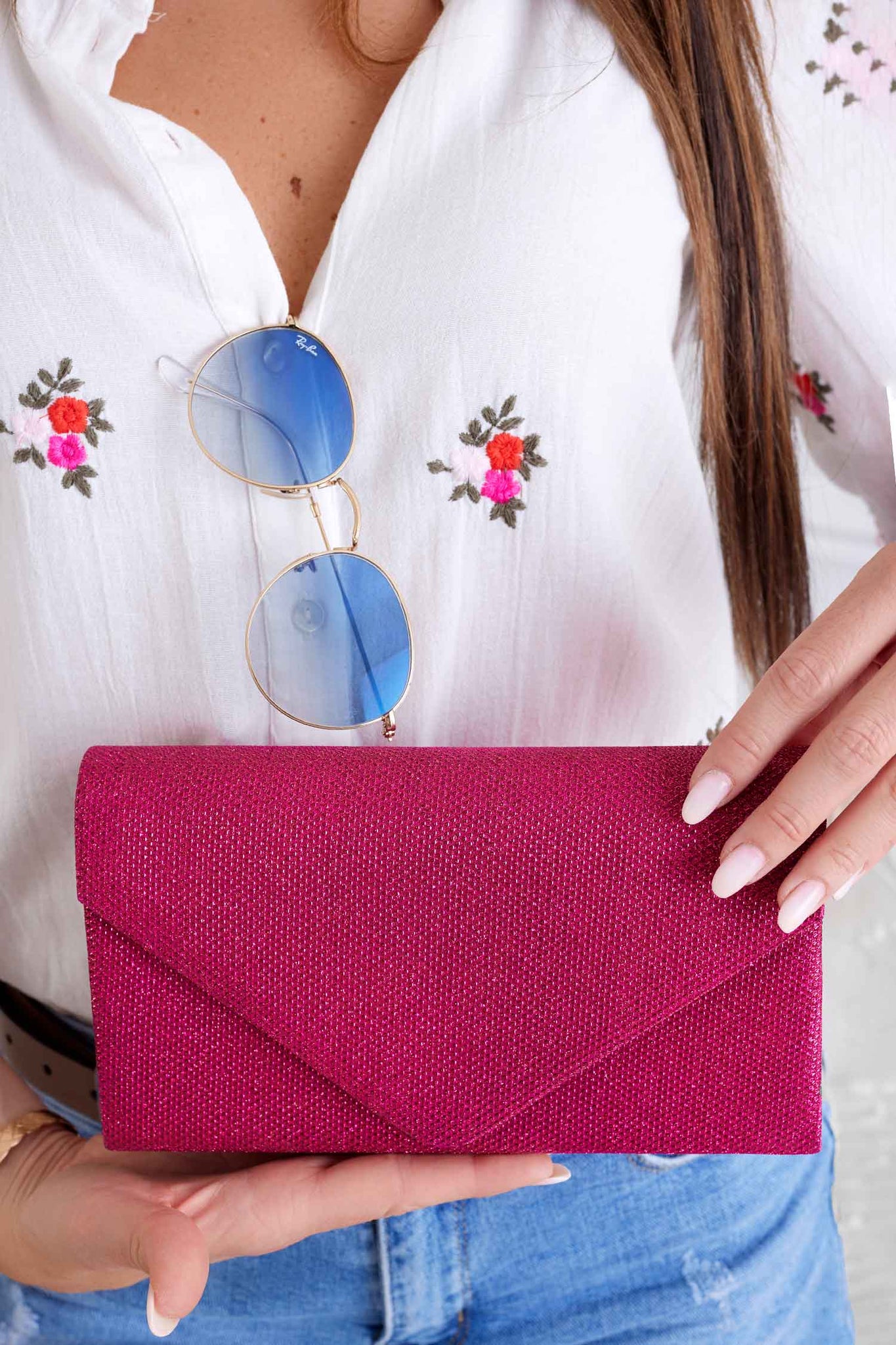 B221 fuchsia glitter clutch bag