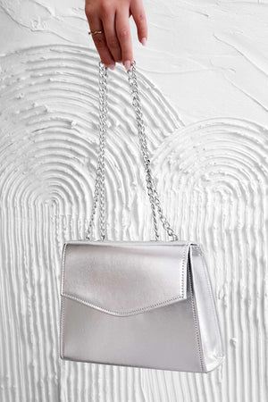 Metallic silver clutch bag B217 with chain
