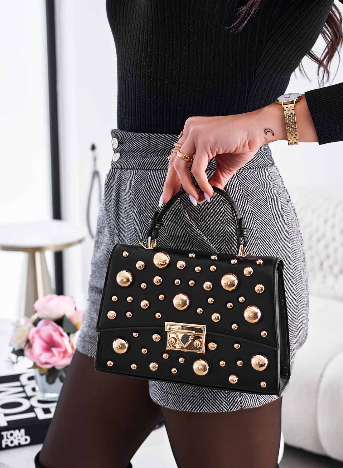 Black bag with gold sphere studs and shoulder strap B231