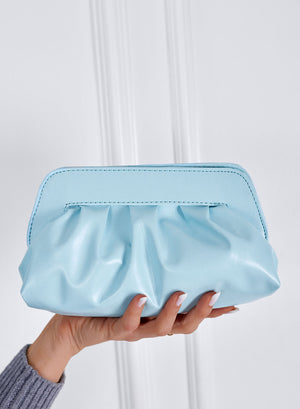 Light blue eco-leather clutch bag with chain