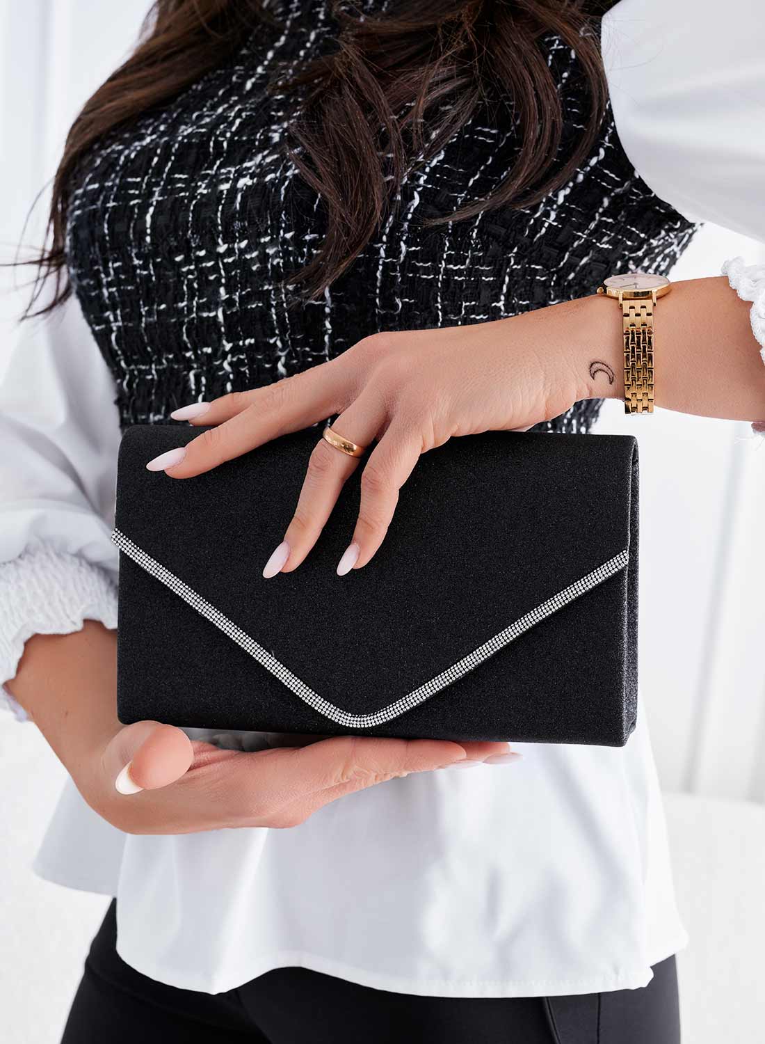 Black glitter clutch bag with rhinestone trim B235