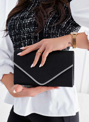 Black glitter clutch bag with rhinestone trim B235