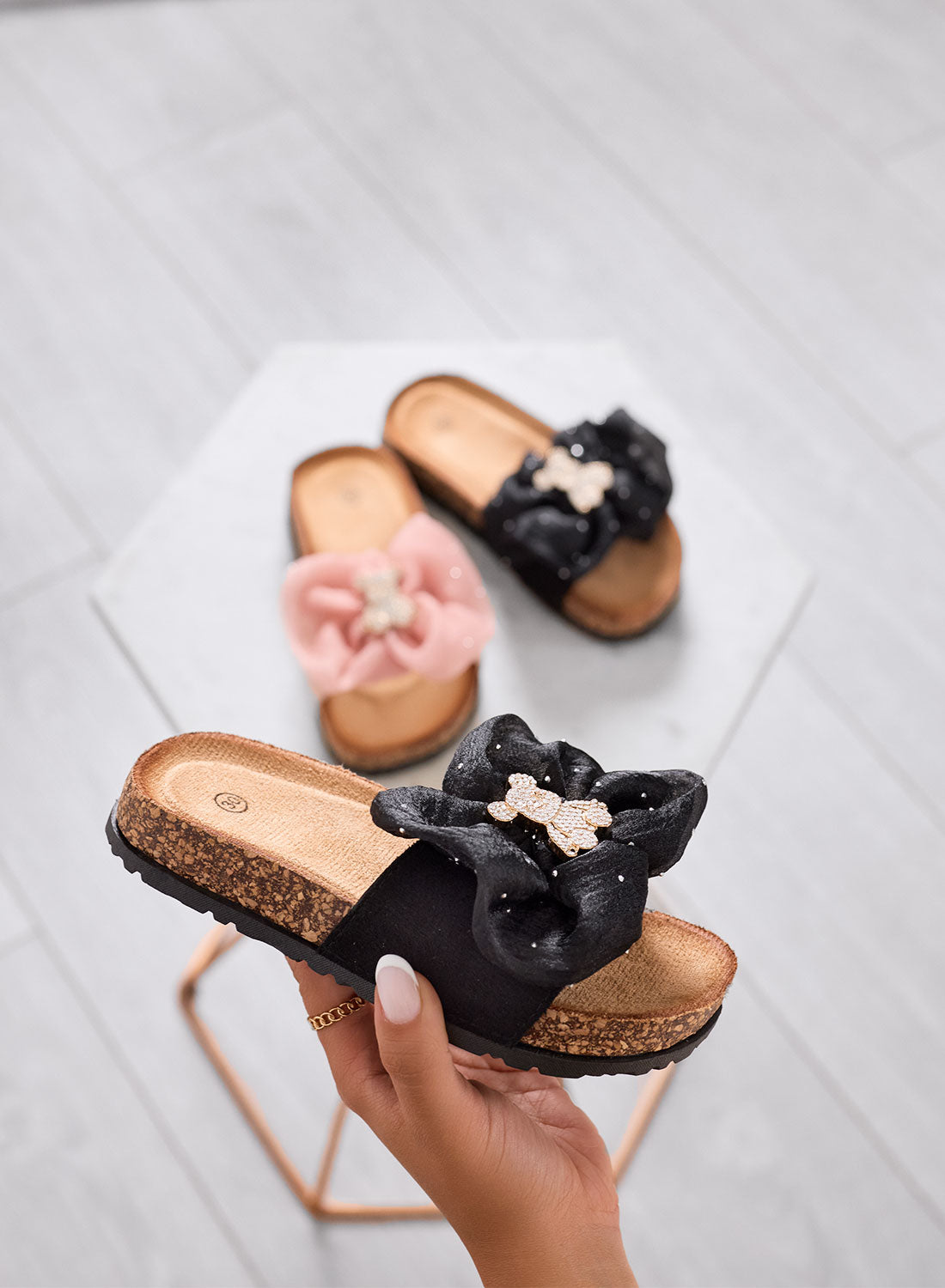 CAIRO - Black sandals Girls' slippers with maxi bow and jewel teddy bear