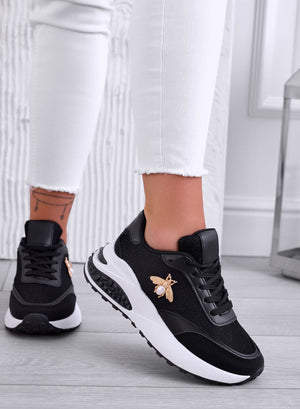 CAMERON - Black sneakers in laminated fabric with gold bee