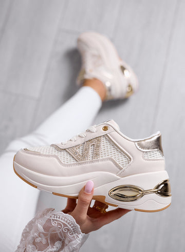 CAMILLA - Beige Sneakers with Rhinestones and Gold Details