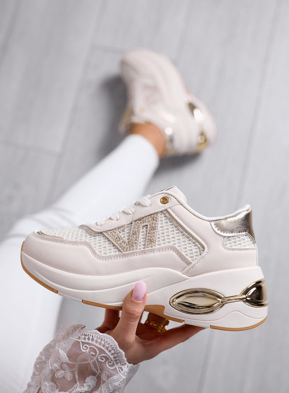 CAMILLA - Sneakers Beige con Strass e Dettagli oro