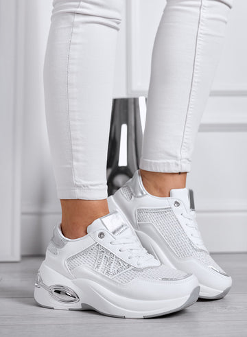 CAMILLA - White Sneakers with Rhinestones and Silver Details