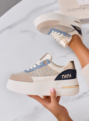 CAMILLA - Blue platform sneakers with beige fabric inserts