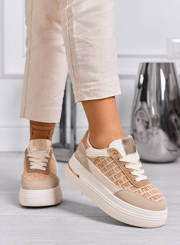 CAMILLA - Sneakers fango platform con inserti in tessuto beige