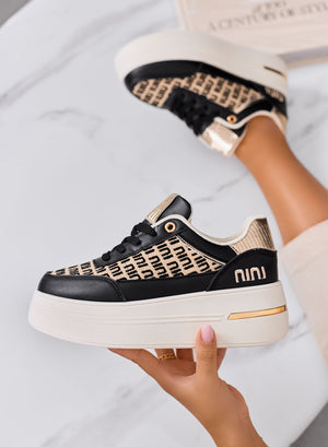 CAMILLA - Black platform sneakers with beige fabric inserts