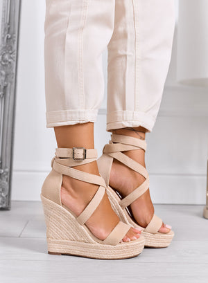 CARACAS - Beige espadrilles with high wedge and crossed straps