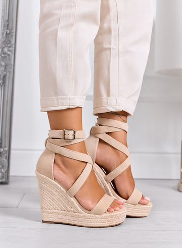 CARACAS - Espadrillas beige con zeppa alta e cinturini incrociati