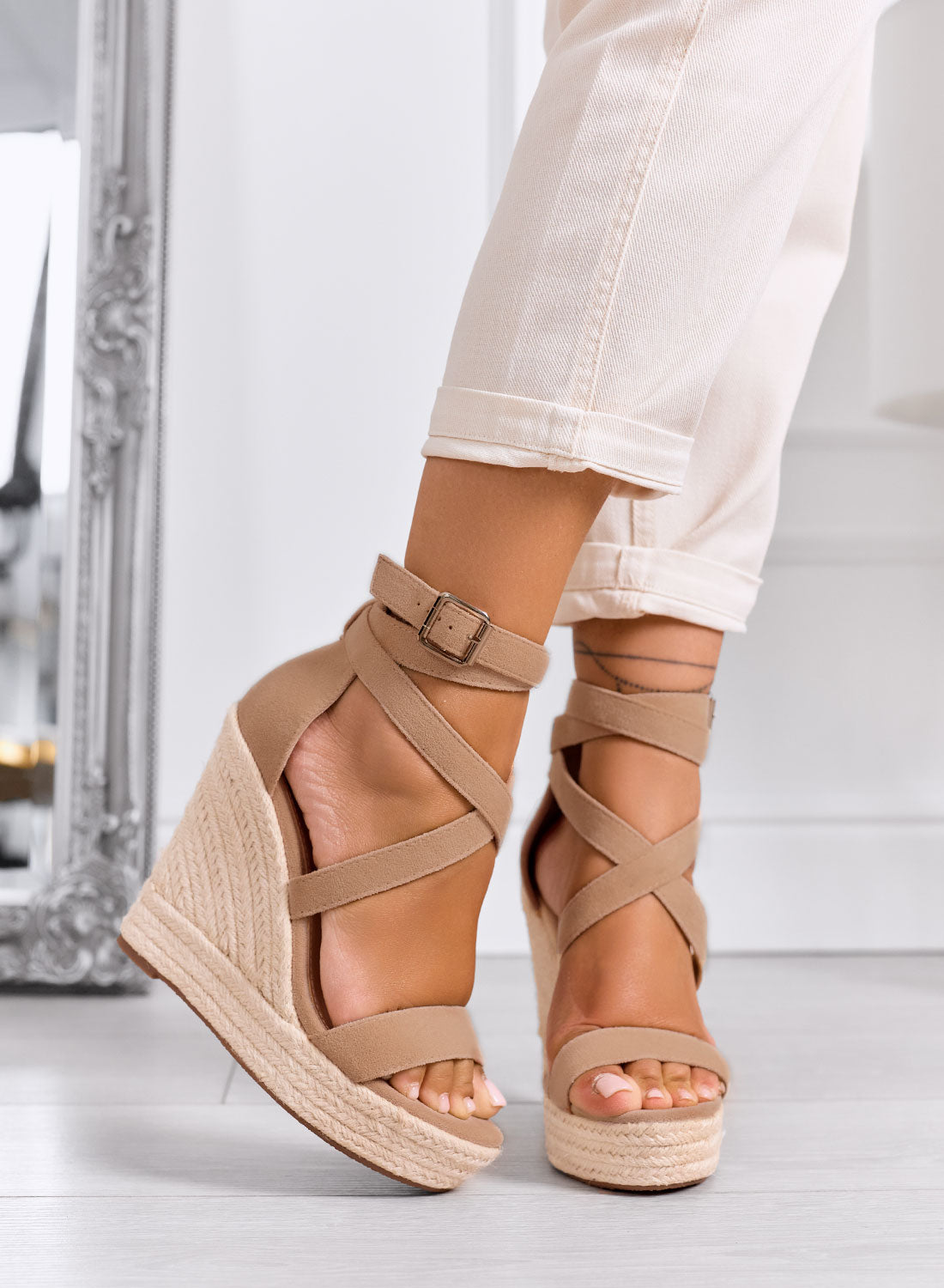 CARACAS - Sandali espadrillas fango con zeppa alta e cinturini incrociati