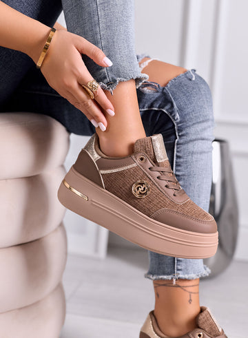CARLA - Brown Platform Sneakers with Gold and Glitter Details