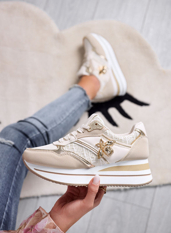 CARMEN - Sneakers beige con ape gioiello oro