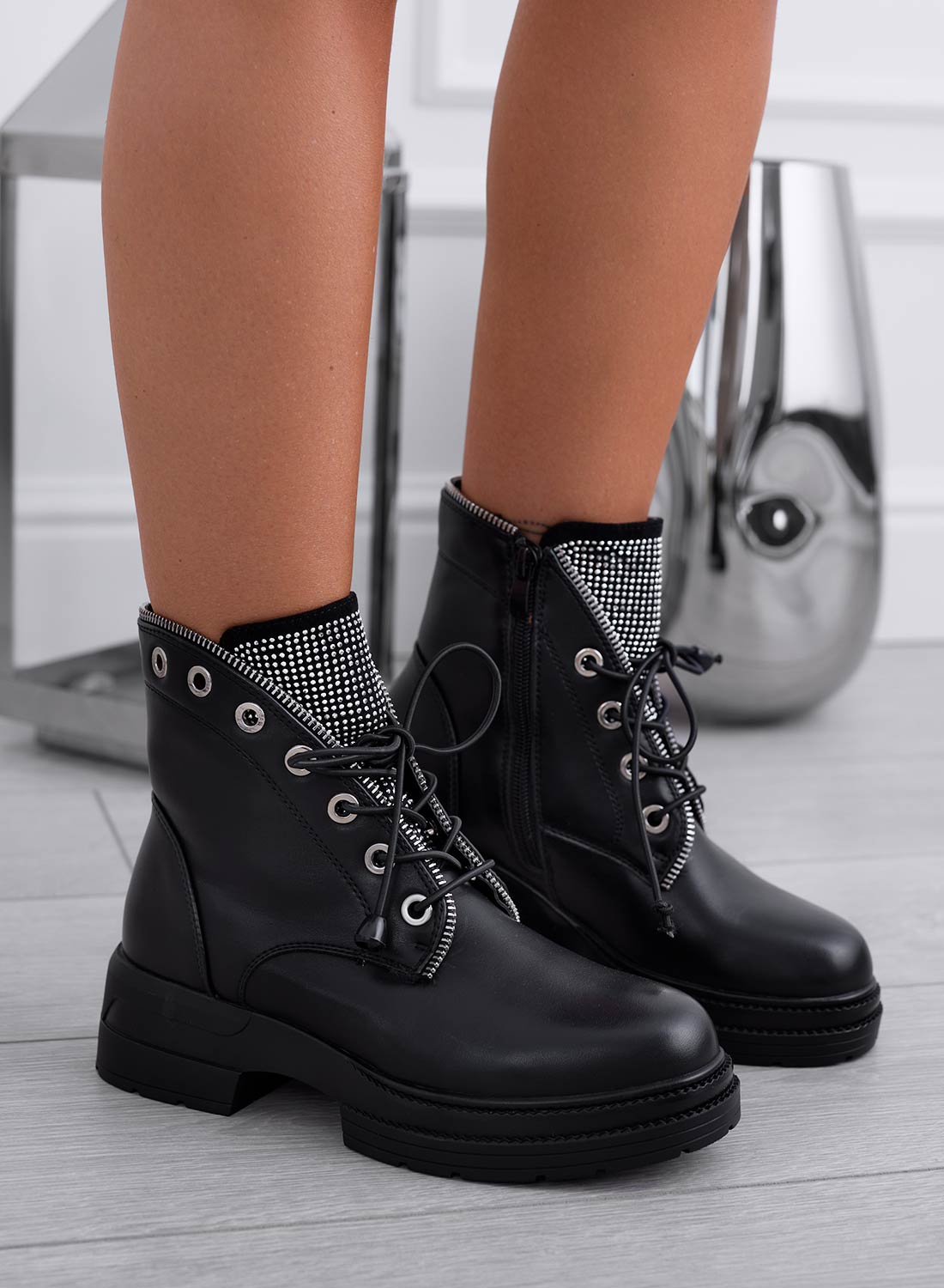 Black low ankle boots with rhinestones