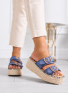 CAROLINA - Sandali platform blu in tessuto con doppia fibbia e suola in corda