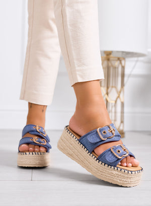 CAROLINA - Sandalias de plataforma azules en tejido con doble hebilla y suela de cuerda