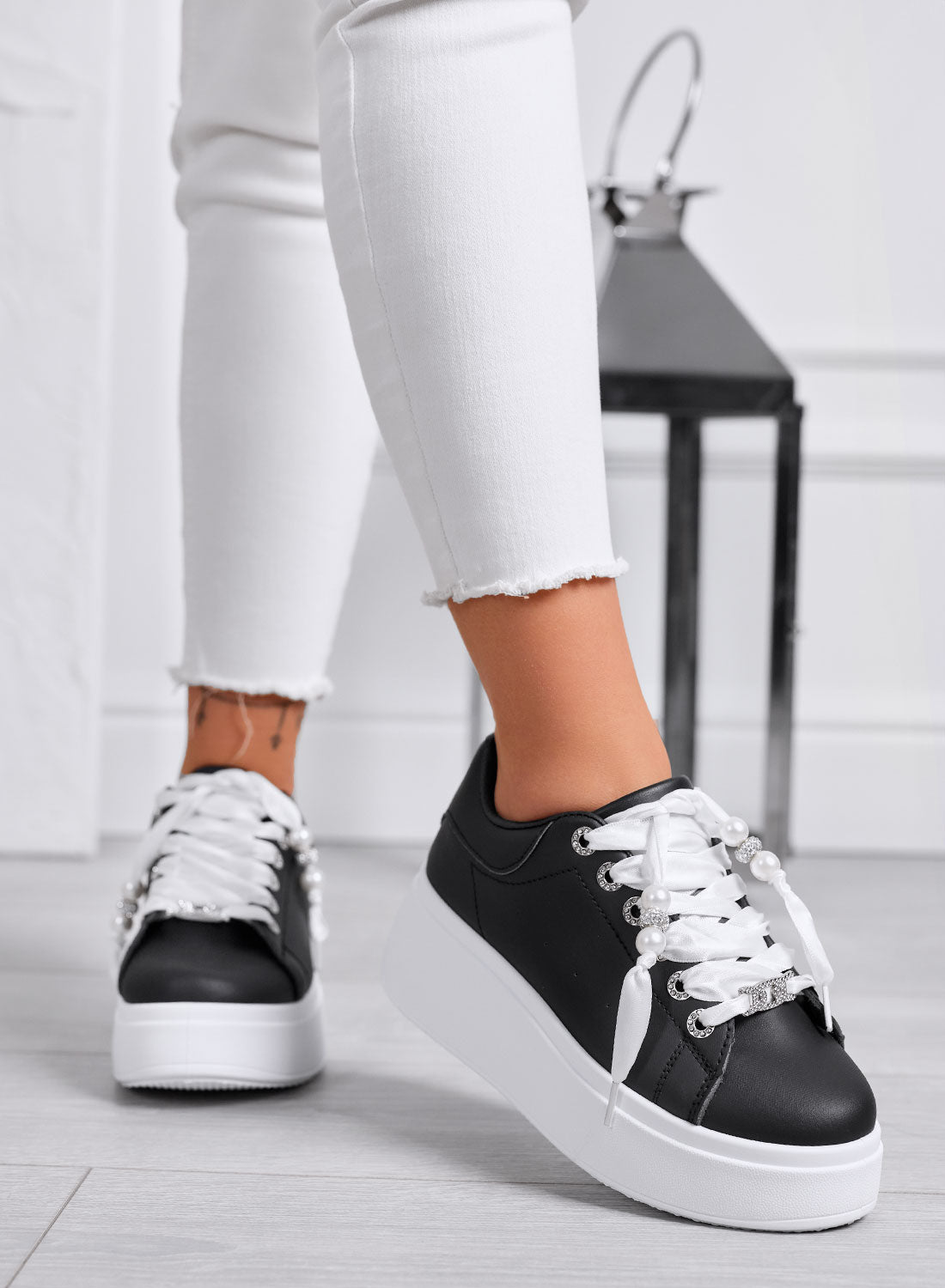 CARTER - Black Platform Sneakers with Satin Laces and Pearls