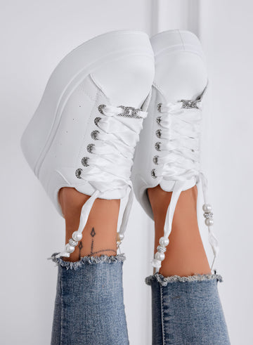 CARTER - White Platform Sneakers with Satin Laces and Pearls