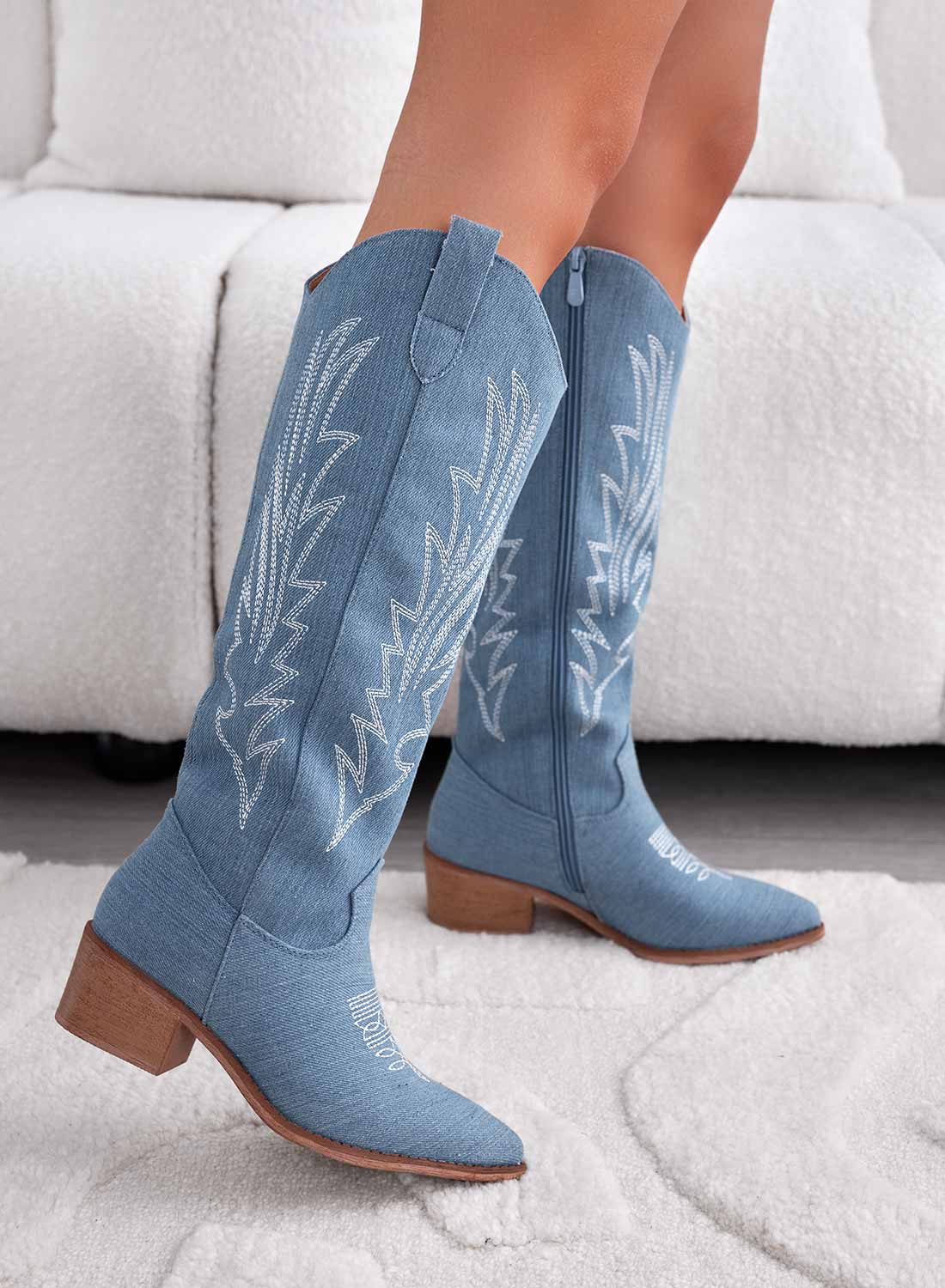 Stivali camperos blu jeans con ricamo