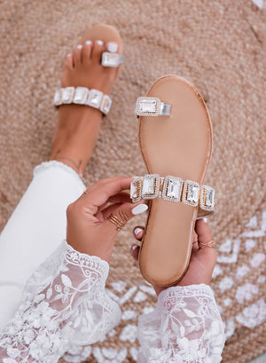 CHRISTY - Silver jeweled thong sandals with stones
