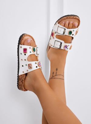 CINZIA - White sandals Slippers with double buckle and colored jewel stones