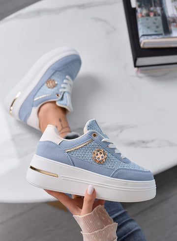 CLARA - Blue Platform Sneakers with Woven Inserts and Gold Details