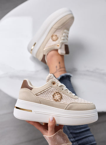 CLARA - Beige Platform Sneakers with Woven Inserts and Gold Details