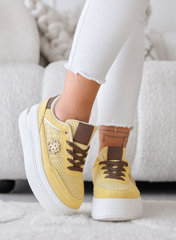 CLARA - Yellow Platform Sneakers with Woven Inserts and Brown Details