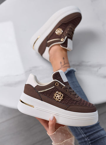 CLARA - Brown Platform Sneakers with Woven Inserts and Gold Details