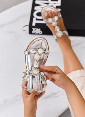 CLARINDA - Silver flat sandals with stones
