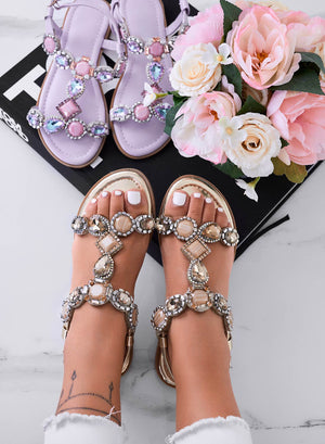 CLARINDA - Gold flat sandals with stones