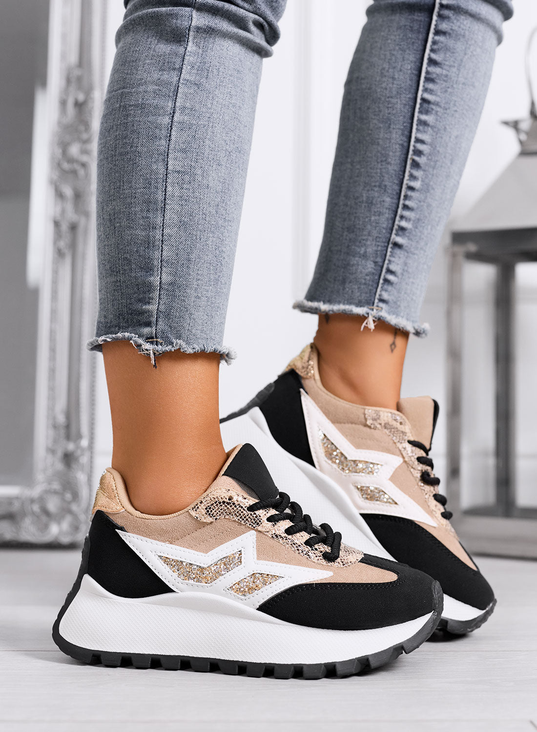 CLARISSA - Beige and black sneakers with glitter detail and chunky sole