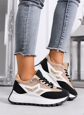 CLARISSA - Beige and black sneakers with glitter detail and chunky sole