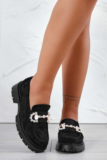 Black suede loafers with jewel embellishment