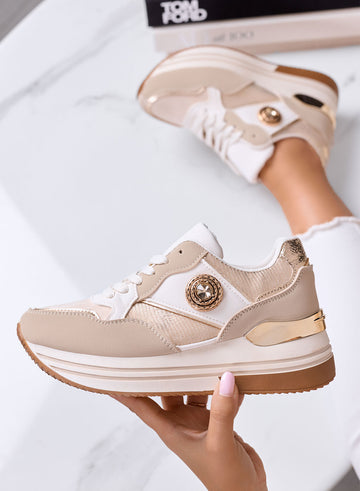 CLAUDIA - Sneakers Beige Platform con Inserti Oro e Dettaglio gioiello
