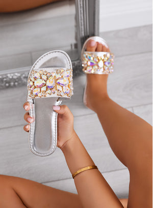 CLELIA - Silver jeweled sandals with stones and low sole
