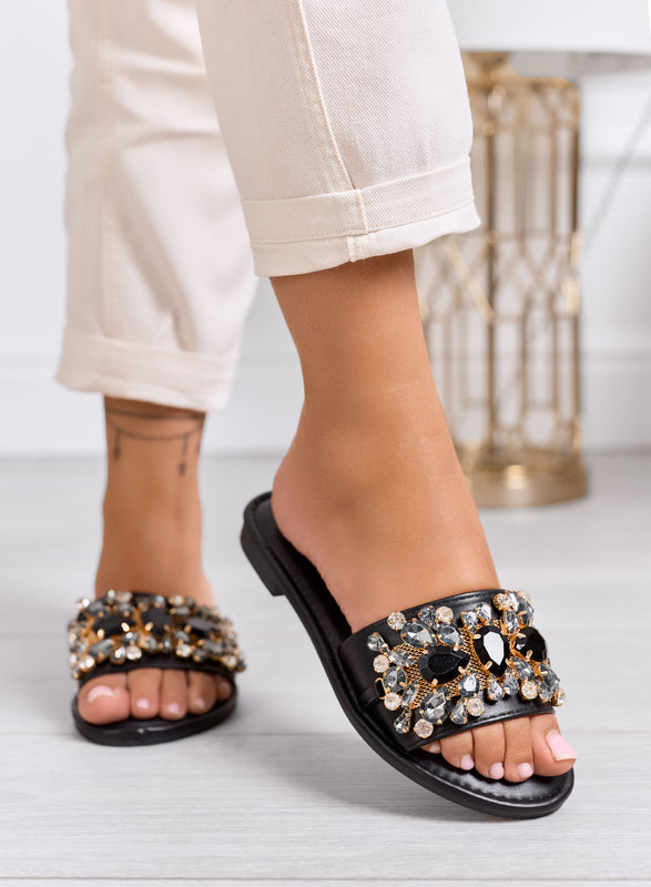 CLELIA - Sandalias tipo chancla joya negras con piedras y suela baja