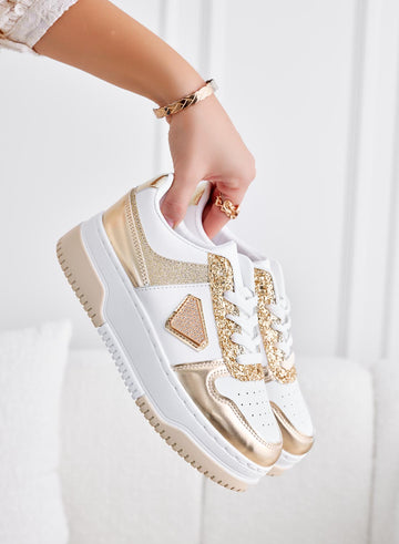 White sneakers with gold glitter inserts