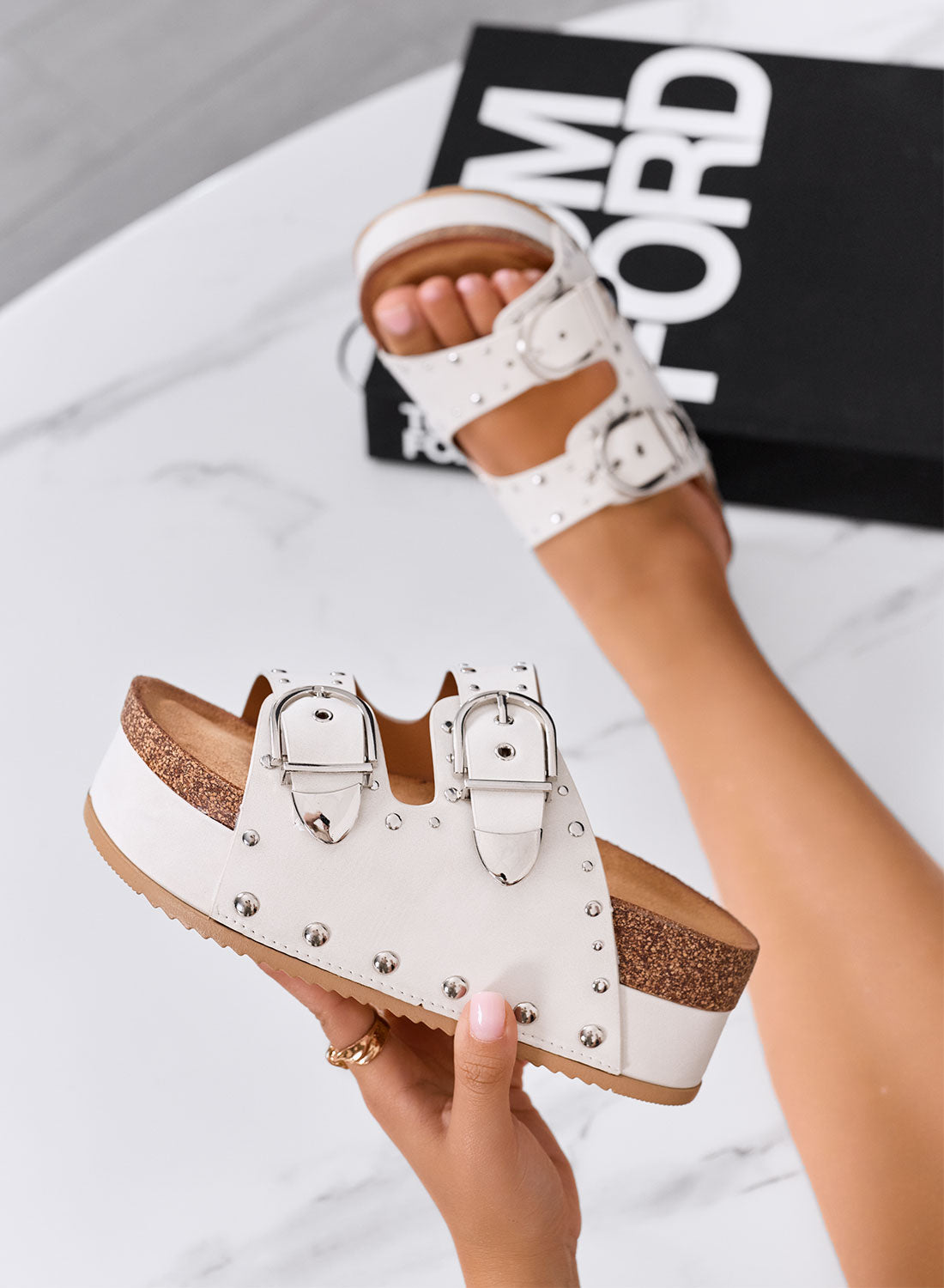 CLOTILDE - White platform sandals with double buckle and studs